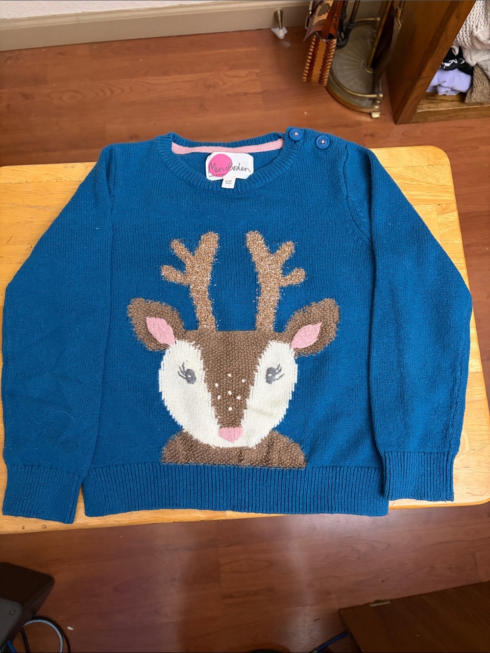 Mini Boden Teal Reindeer Crewneck Sweater